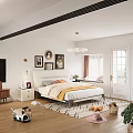 Cozy Bedroom Interior With Double Bed Decorative Paintings Round Mirror And Wooden Floor