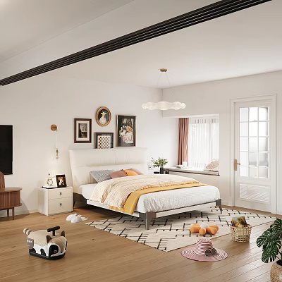 Cozy Bedroom Interior With Double Bed Decorative Paintings Round Mirror And Wooden Floor 3d model