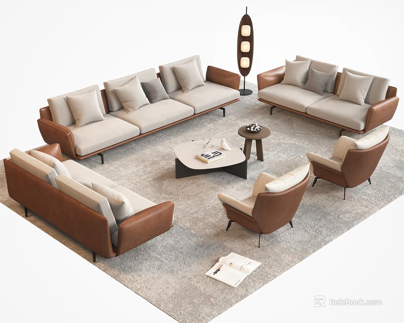 Elegant Modern Sofa And Coffee Table Set With Beige Brown Pillows Floor Lamp And Rug 3d model 
