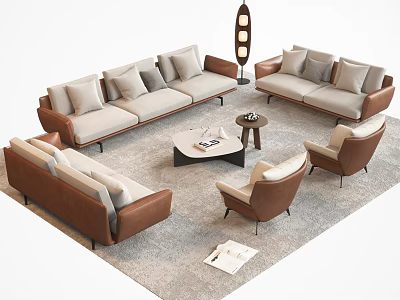 Elegant Modern Sofa And Coffee Table Set With Beige Brown Pillows Floor Lamp And Rug 3d model