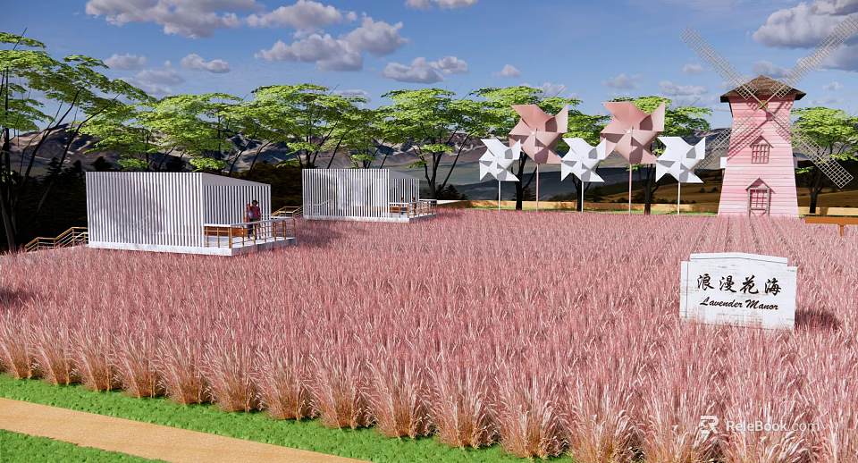 Scenic Park Landscape With Pink Grass White Windmills Green Trees And Romantic Pavilions 3d model 