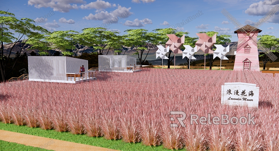 Modern Flower Sea Pink Dai Chaizi Grass Park Landscape Romantic Flower Sea Net Celebrity Tourist Attractions Landscape Wooden Plank Road Dutch Cart model