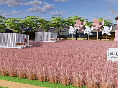 Scenic Park Landscape With Pink Grass White Windmills Green Trees And Romantic Pavilions 3d model