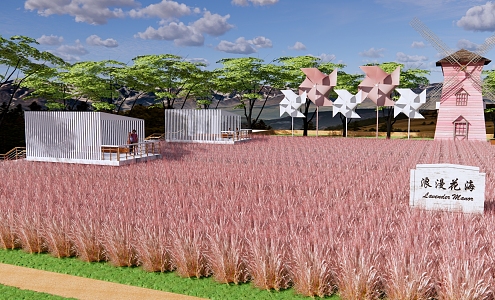 Modern Flower Sea Pink Dai Chaizi Grass Park Landscape Romantic Flower Sea Net Celebrity Tourist Attractions Landscape Wooden Plank Road Dutch Cart 3d model