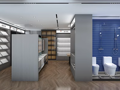 Bathroom Products Store Interior With Shelves Toilets Shower Heads Blue Tiled Walls And Wooden Flooring 3d model