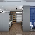 Bathroom Products Store Interior With Shelves Toilets Shower Heads Blue Tiled Walls And Wooden Flooring