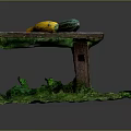 Cartoon Scene With Purple Table Yellow Green Zucchini Rusty Metal Legs And Green Grassy Ground