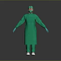 Individual in Full Green Protective Suit With Face Mask and Gloves Isolated on Dark Background 3d model