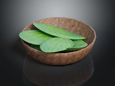 Natural Wicker Bowl Containing Fresh Green Cactus Leaves For Household Use 3d model