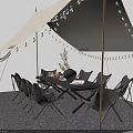 Outdoor Patio Table With Black Chairs Canopy And String Lights Setup 3d model