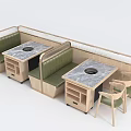 Public Seating Booth With Green Padded Cushions Wooden Frame And Marble Tabletop