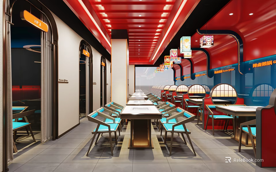 Modern Hotpot Restaurant Interior Design With Red Ceiling Chandeliers Blue Chairs And Dining Tables 3d model 
