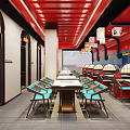 Modern Hotpot Restaurant Interior Design With Red Ceiling Chandeliers Blue Chairs And Dining Tables