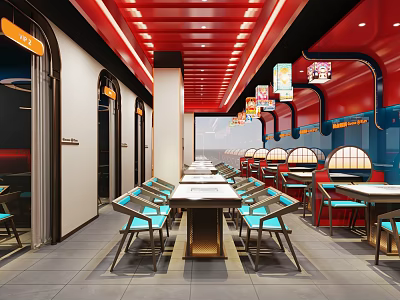 Modern Hotpot Restaurant Interior Design With Red Ceiling Chandeliers Blue Chairs And Dining Tables 3d model