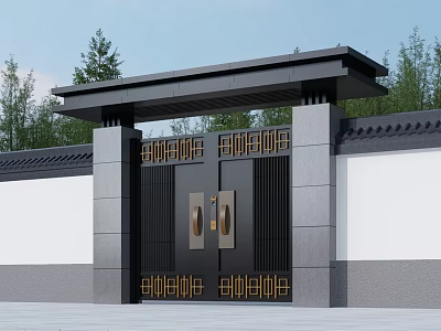 Black Entrance Gate With Gray Walls Eaves Metal Decorations And Trees Around 3d model