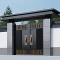 Black Entrance Gate With Gray Walls Eaves Metal Decorations And Trees Around
