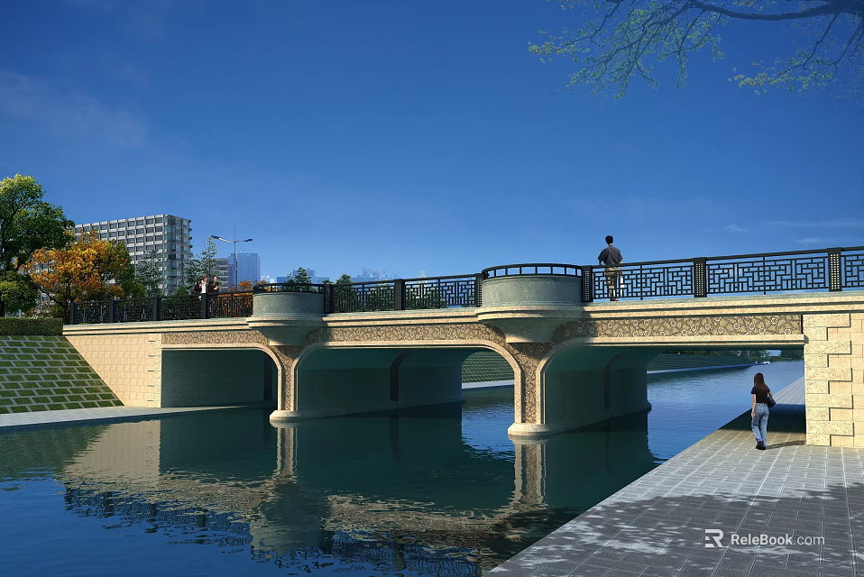 Stone Bridge Over Calm Water With Pedestrians Walking And Surrounding Trees Buildings 3d model 