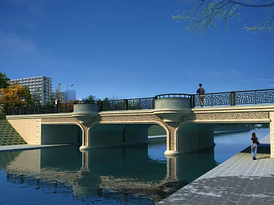 Stone Bridge Over Calm Water With Pedestrians Walking And Surrounding Trees Buildings 3d model
