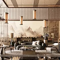 Elegant New Chinese Style Sales Office Lounge With Traditional Landscape Mural And Warm Ambient Lighting