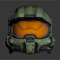 Futuristic Green Tactical Helmet With Orange Visor And Weathered Armored Surface