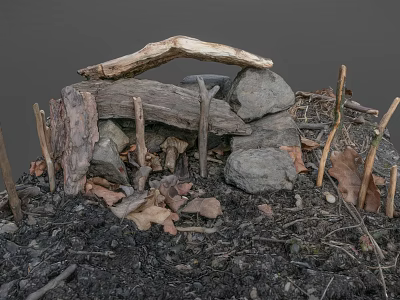 Rustic Wooden and Stone Outdoor Structure Featuring Logs Stones Dirt Fallen Leaves and Twigs 3d model