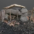 Rustic Wooden and Stone Outdoor Structure Featuring Logs Stones Dirt Fallen Leaves and Twigs