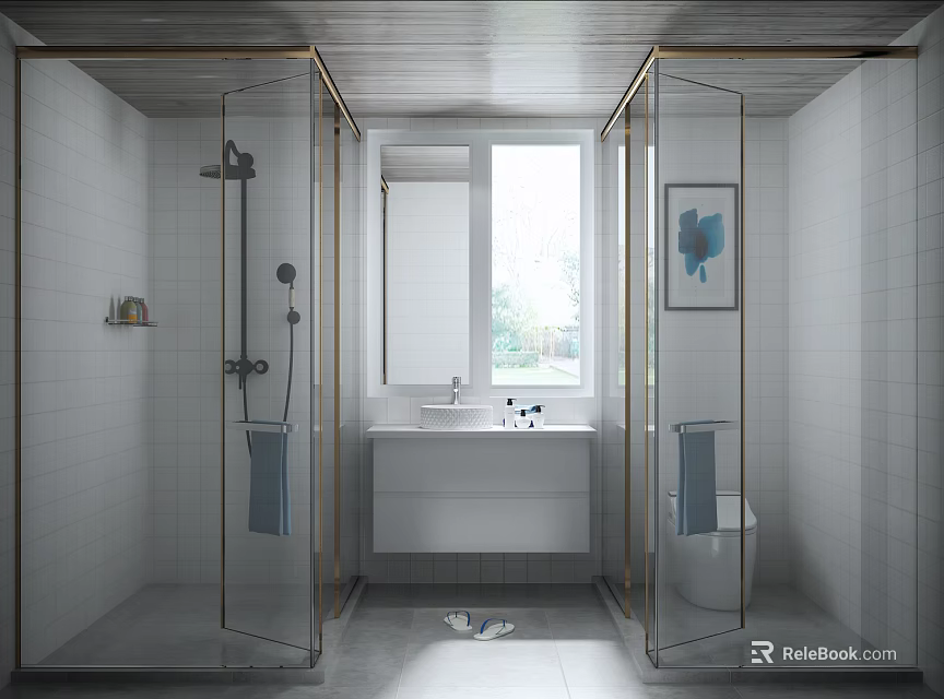 Modern Bright Minimalist Bathroom With Gold Framed Glass Shower Enclosures And Clean White Tile Decoration 3d model 