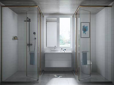 Modern Bright Minimalist Bathroom With Gold Framed Glass Shower Enclosures And Clean White Tile Decoration 3d model