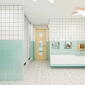 Kindergarten Interior Design With Blue Beige Walls Wooden Decor Round Pendant Lights Kids Play Area