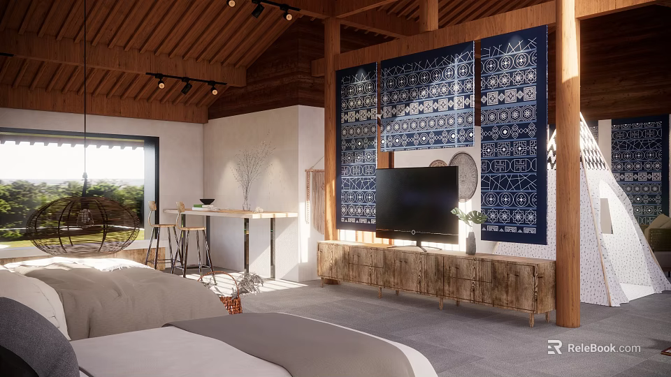 Hotel Guest Room Interior With Wooden Beams Blue White Tapestries TV Stand And Natural Light 3d model 