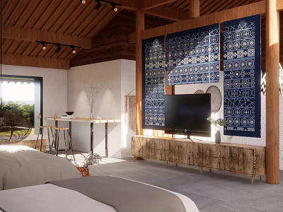Hotel Guest Room Interior With Wooden Beams Blue White Tapestries TV Stand And Natural Light 3d model