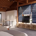 Hotel Guest Room Interior With Wooden Beams Blue White Tapestries TV Stand And Natural Light