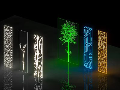 Illuminated Modern Transparent Screens With Tree Silhouette Circuit Board Texture And Dot Patterns 3d model