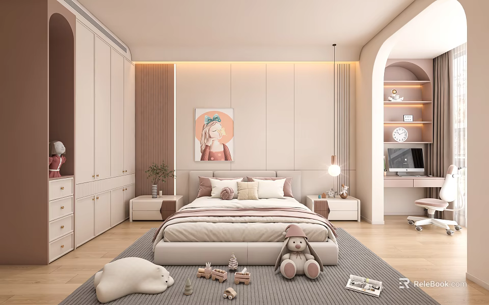 Cozy Kids Room Interior With Bed Stuffed Toys Desk Wall Art And Soft Rug 3d model 