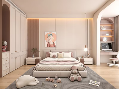 Cozy Kids Room Interior With Bed Stuffed Toys Desk Wall Art And Soft Rug 3d model