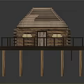 Elevated Wooden Log Cabin Structure With Deck Railing Sloped Roof And Lit Windows