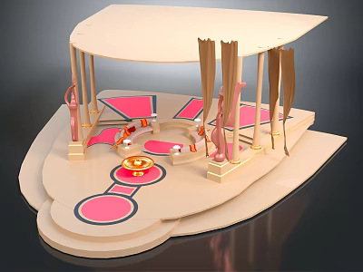Cartoon Scene With Beige Canopy Structure Pink Circular Patterns And Reflective Base 3d model