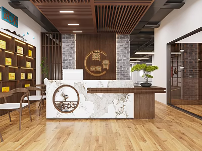Chinese Style Reception Space With Wooden Ceiling Marble Front Desk And Display Shelves 3d model