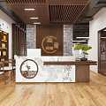 Chinese Style Reception Space With Wooden Ceiling Marble Front Desk And Display Shelves