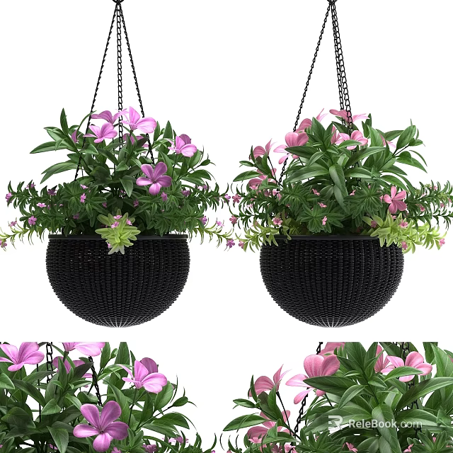 Hanging Basket Plants With Pink Flowers And Green Leaves In Wicker Planters 3d model 