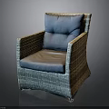Modern Woven Rattan Chair Featuring Blue Cushion And Brown Comfortable Seat