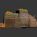 Fresh Orange Red Green Fruits in Wooden Barrels Crates with Sacks and Salt Bags