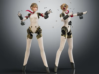 Sci Fi Game Movie Female Character In White Tight Outfit With Cybernetic Parts Holding Weapons 3d model