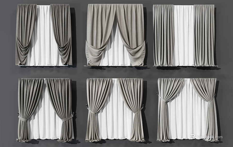 Gray Curtains with White Sheer Layers Various Hanging Styles and Designs 3d model