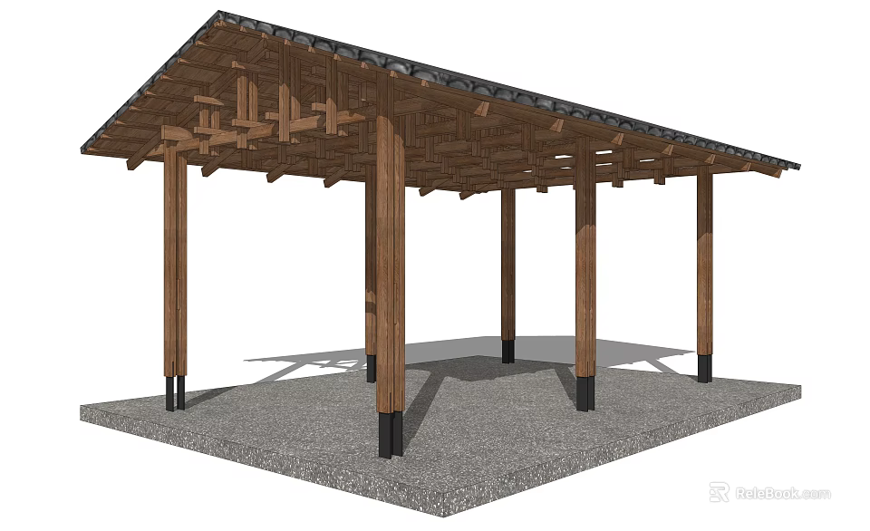 Wooden Pavilion Structure With Multiple Wooden Pillars And Tile Roof On Gravel Ground 3d model 