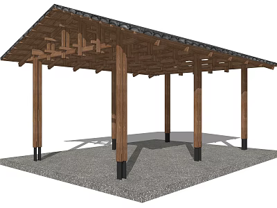 Wooden Pavilion Structure With Multiple Wooden Pillars And Tile Roof On Gravel Ground 3d model