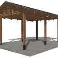 Wooden Pavilion Structure With Multiple Wooden Pillars And Tile Roof On Gravel Ground