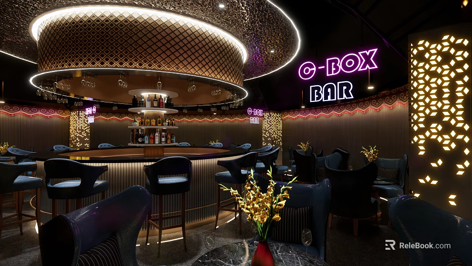 Elegant C BOX Bar Interior Featuring Bar Stools Neon Sign Decorative Lights And Seating 3d model 