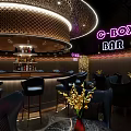 Elegant C BOX Bar Interior Featuring Bar Stools Neon Sign Decorative Lights And Seating