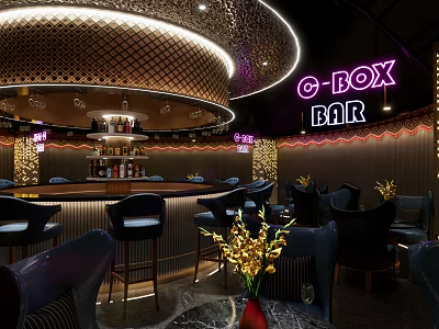 Elegant C BOX Bar Interior Featuring Bar Stools Neon Sign Decorative Lights And Seating 3d model